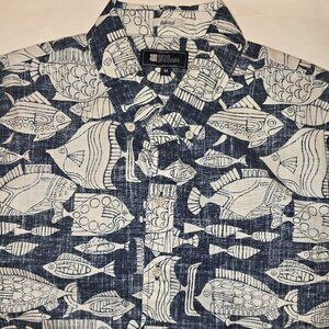 Reyn Spooner Kauhulu Aloha Fish Button Down Tailored Fit Shirt Dress Blue